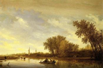 Salomon Van Ruysdael : A River Landscape with Boats and Chateau